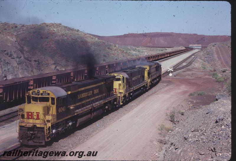 T02903
Hamersley Iron Alco locomotives M636 class 4041, C628 class 2005 and another loco.
