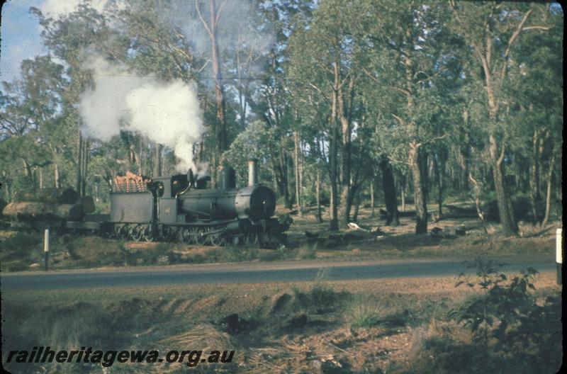 T02974
Millars loco No.58, log train, about to cross Albany Highway, Jarrahdale bush line
