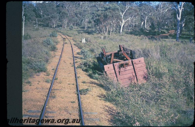 T02981
Derailed wagon upside down next to track, Jarrahdale line
