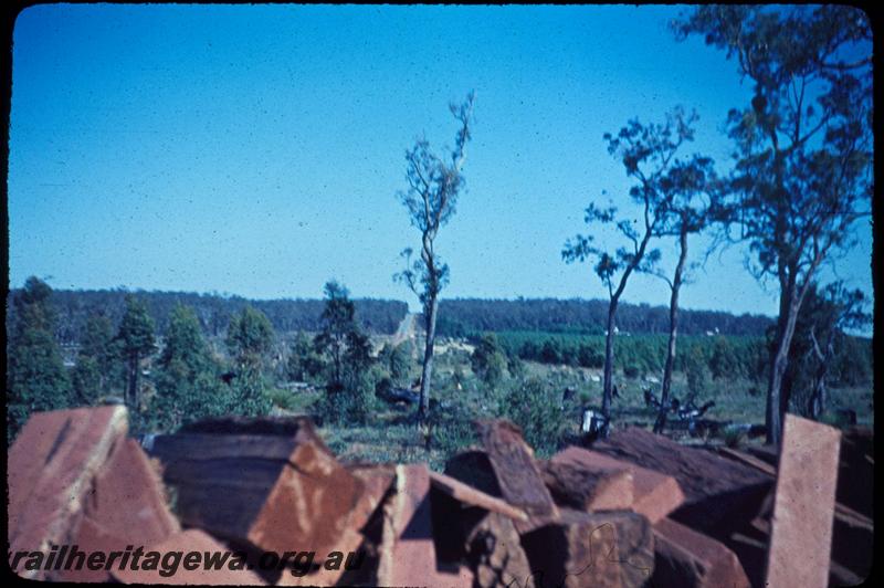 T03009
View of countryside over pile of firewood
