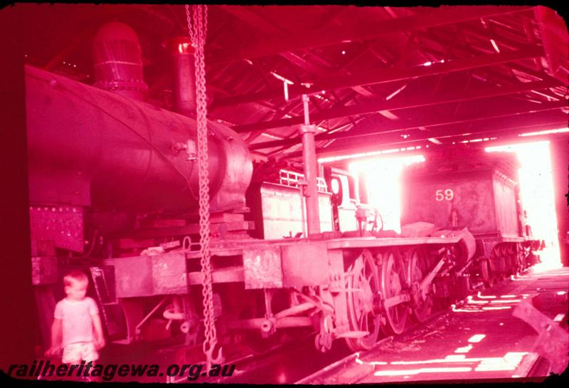 T03023
Millars loco No.59 and other locos undergoing repairs in workshops at Yarloop
