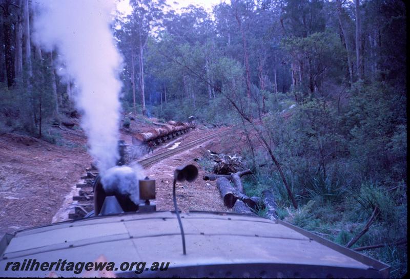 T03026
SSM loco pushing log rake into bush landing for loading, Pemberton
