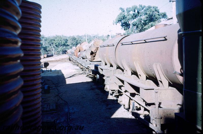 T03065
Banksiadale Mill, log train with J class water tank wagons at the head, view back along train, 
