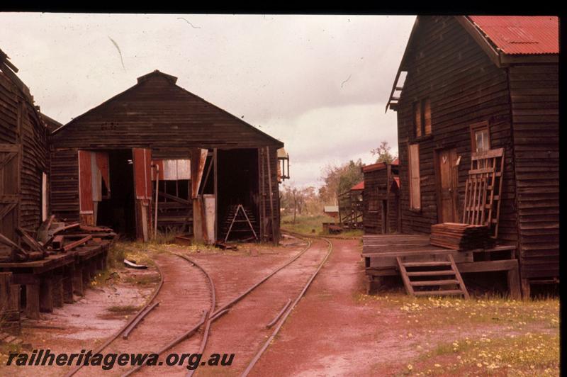 T03129
Millars Workshops, Yarloop, view of tracks winding between the buildings.
