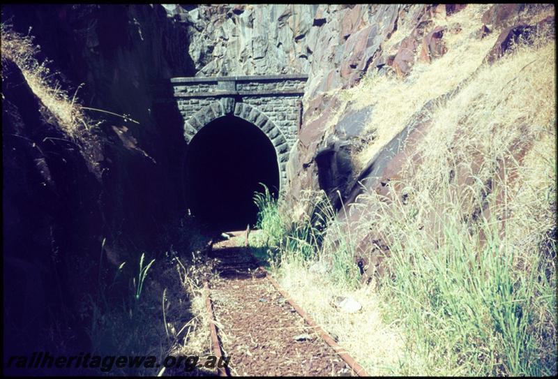 T03317
Tunnel portal, Swan View, ER line, western portal after closure but with rails still in situ. The tunnel was officially opened in 1896, closed in 1966 and is 340 metres (1116 feet) in length.
