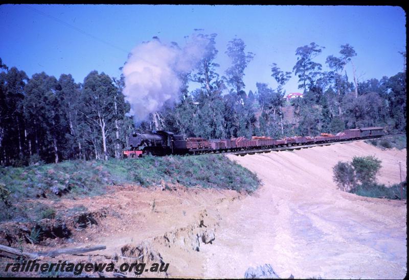 T03318
W class 909, Pemberton, PP line, timber train with ZA class brakevan, crossing the recently filled in 
