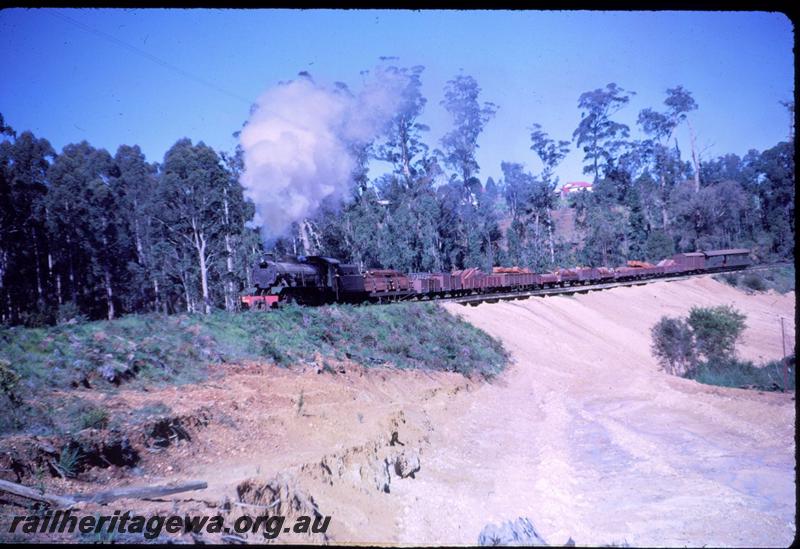 T03318
W class 909, Pemberton, PP line, timber train with ZA class brakevan, crossing the recently filled in 