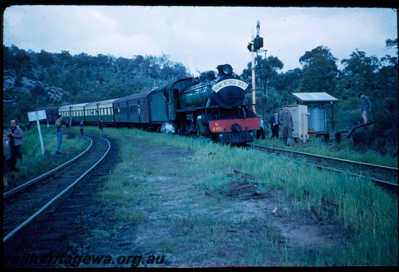 T03324
U class 662, approaching Swan View after emerging from tunnel, ER line, ARHS tour train to Chidlow, photo stop. shows upper quadrant signal with battery boxes and roofed water tank
