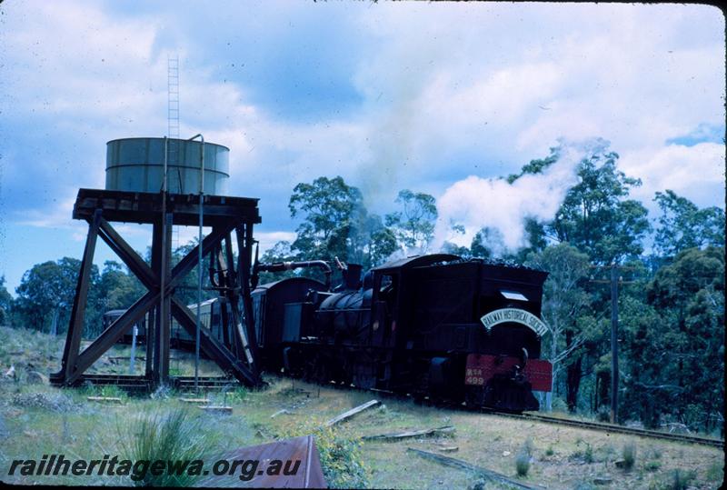 T03532
MSA class 499 Garratt loco, water tower, Bergining, PN line, ARHS tour train to Dwellingup.
