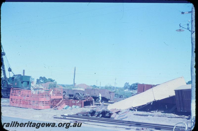 T03591
4 of 12 views of the smash at Bellevue, steam crane and derailed wagons.
