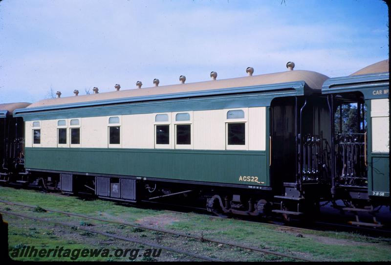 T03610
AGS class 22 shower car, Manjimup on ARHS South West Reso train, still with matchboard siding and top lights, side and end view
