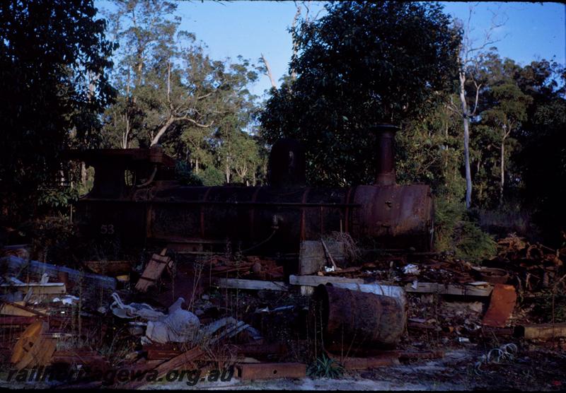 T03623
Bunnings loco No.53, Manjimup, side view without tender, derelict
