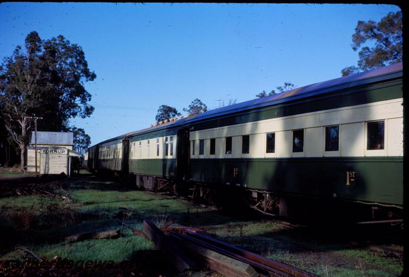 T03631
Carriages, station buildings, Yornup, PP line, ARHS tour train
