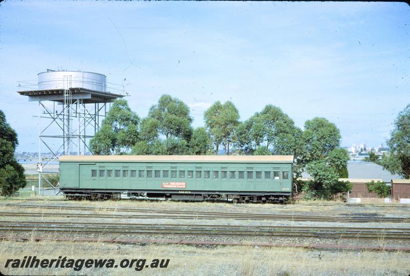 T03855
ASD class 374 exhibition carriage, water tower, Rivervale, SWR line, sign attached to the side of the carriage  