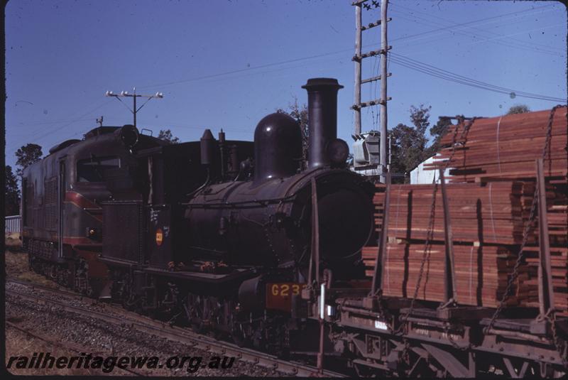 T03956
G class 233 coupled behind a X class and in front of a QBB class with timber load
