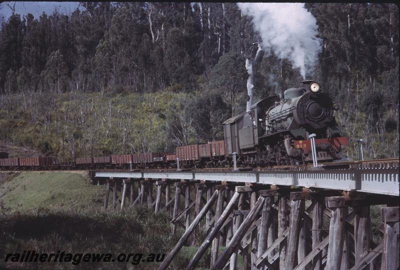 T03957
W class 913, steel girder on trestle bridge, Warren River. PP line, goods train with a MRWA van in consist, Photo taken after T3958
