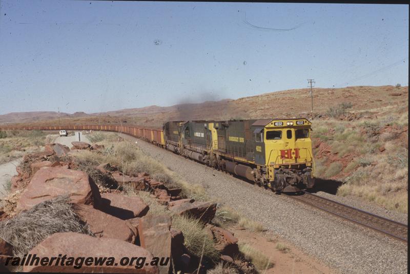 T04031
Hamersley Iron CE636R class 4032, rebuilt from Alco M636, triple heading, loaded train, Western Creek, RIO line
