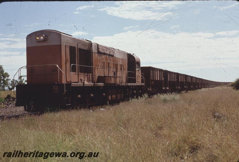 T04100
Goldsworthy Mining Limited English Electric loco A class 9, similar to WAGR K class, loaded train, BHP line
