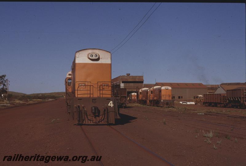 T04224
Goldsworthy Mining Limited A class No.4 English Electric locomotive with B class No.2 and No.1 in the background, Goldsworthy workshops, G, both types of loco are similar to WAGR K and H classes respectively
