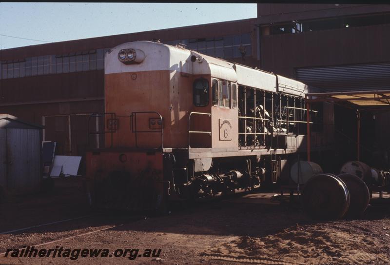 T04232
Goldsworthy Mining Limited A class No.6 English Electric loco, former WAGR K class 202, undergoing a major repairs with hood doors removed, Goldsworthy workshops, GOLD line
