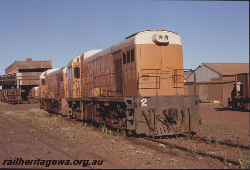 T04233
Goldsworthy Mining Limited B class No.2 and No.1 English Electric locomotives, similar to the WAGR H class, Goldsworthy workshops, GOLD line
