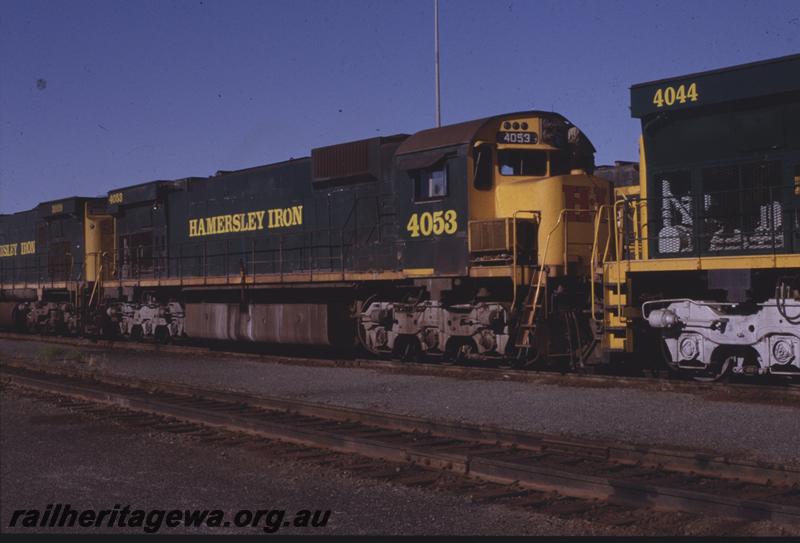 T04238
Hamersley Iron Alco M636 class 4046 coupled to two sister locos, note mop hanging near door, Dampier, 7 Mile yard, 
