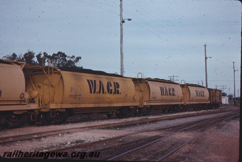 T04272
Narrow gauge coal hopper on a coal train, Kwinana Yard, view along the rake of wagons .
