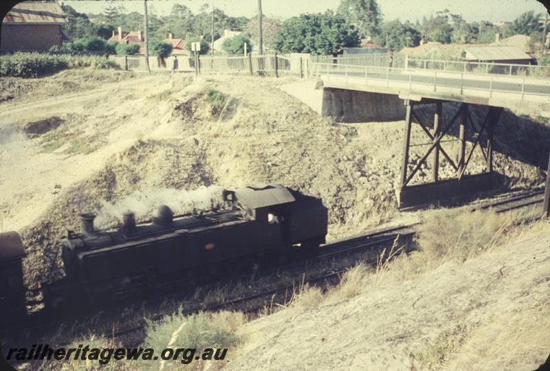 T04313
DD class tank loco, road overbridge, West Leederville, elevated side on view.
