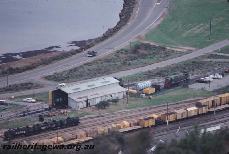 T04321
DA class loco in the green with red stripe livery, Diesel depot, yard, Albany, GSR line, very high elevated view of yard
