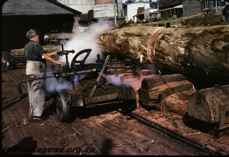 T04361
Saw wagon, with operator, cutting log, Pemberton Saw Mill, PP line 
