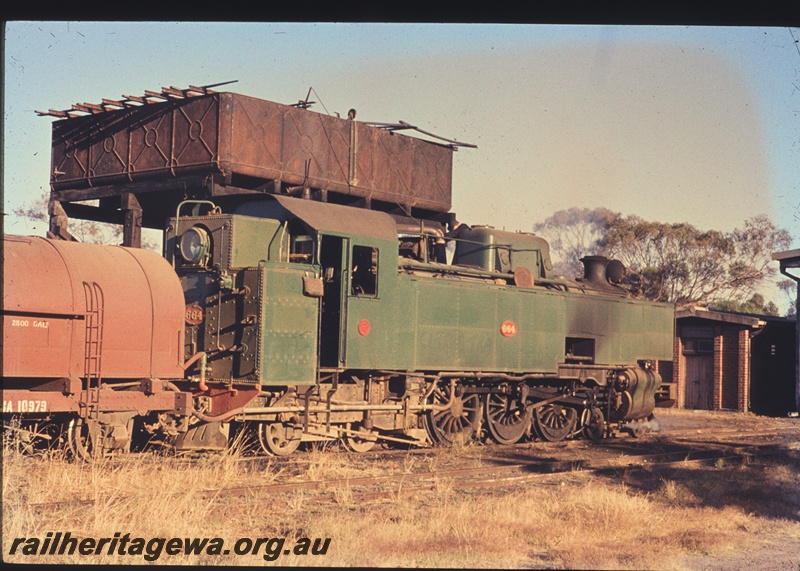 T04443
UT class 664 steam locomotive pictured at Watheroo with a wooden underframed JA class water tanker. MRWA style water tower to left of engine. Part of the locomotive depot visible in front of locomotive. MR line
