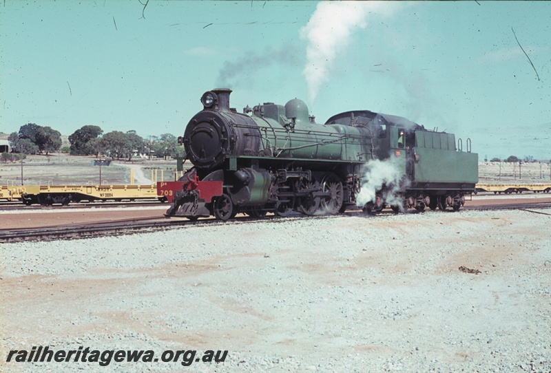 T04471
PM class 703 steam locomotive pictured at Avon Yard. In the background are standard gauge WF class flat wagons.
