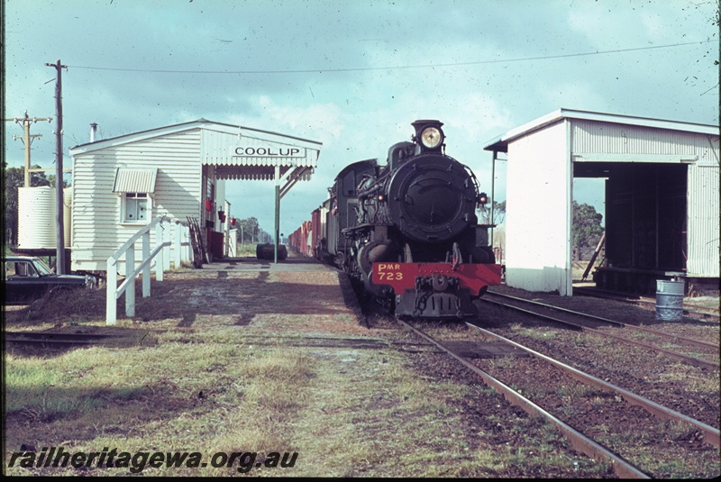 T04510
PMR class 723 steam locomotive with a goods train at Coolup, SWR line, heading for Perth.
