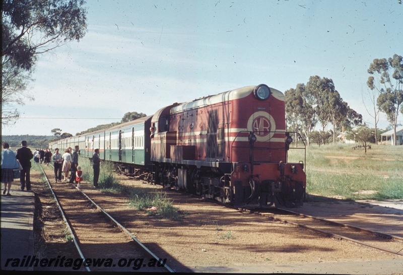 T04583
F class 41 diesel locomotive, in Midland Railway livery, pictured at Bolgart, CM line, with a ARHS Tour Train.
