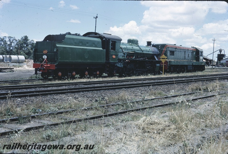 T04603
W class 960 steam locomotive fresh out of overhaul at Midland. An unidentified A class diesel locomotive is attached. See T4600.
