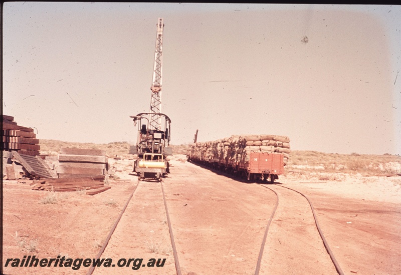 T04640
Point Samson railway yards in the North West with a rail mounted crane and loaded wagons.
