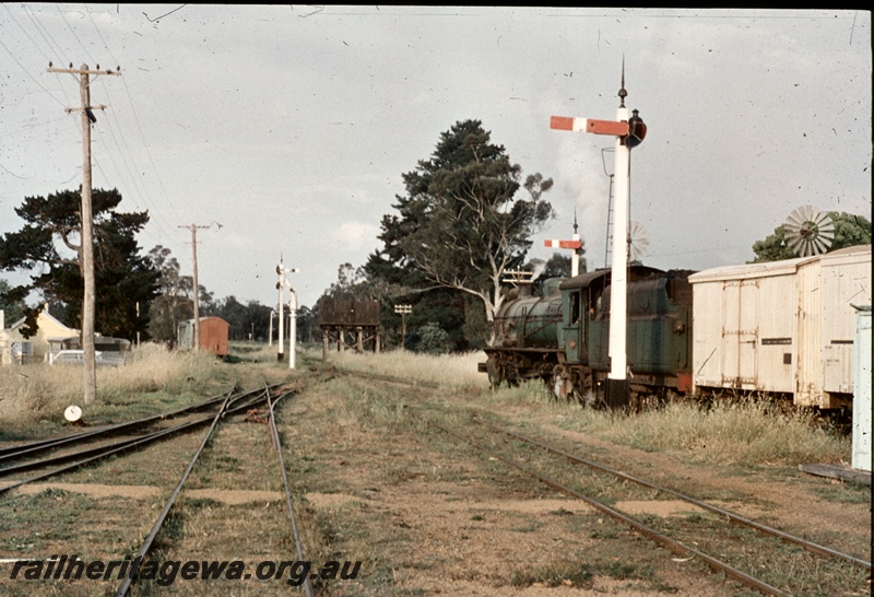 T04703
An unidentified W class steam locomotive, with an E class iced van behind, waiting to cross another goods train. Water Tower visible in the right background, near the signal posts.

