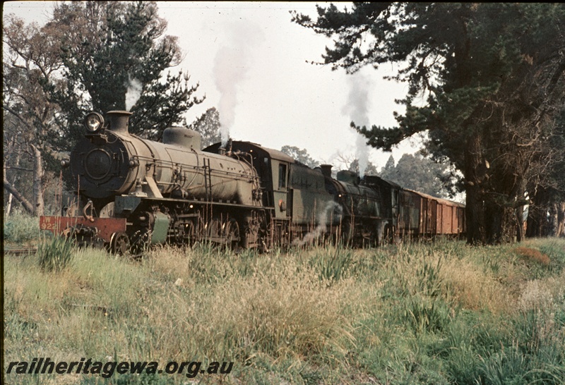 T04705
Two W class steam locomotives hauling a goods train in the lower South West. See T4702
