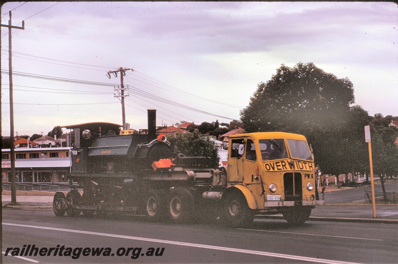 T04712
C class 1 steam locomotive 'Katie' arriving by road at the Railway Museum site at Bassendean.
