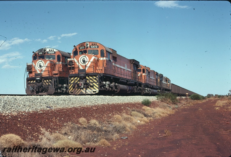 T04754
Mount Newman Mining ore trains M 636 class 5494 and M636 class 5473 between Newman and Port Hedland. 
