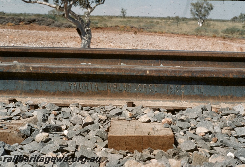 T04792
Hamersley Iron (HI) 119lb rail manufactured by Yawata Iron and Steel, Japan.
