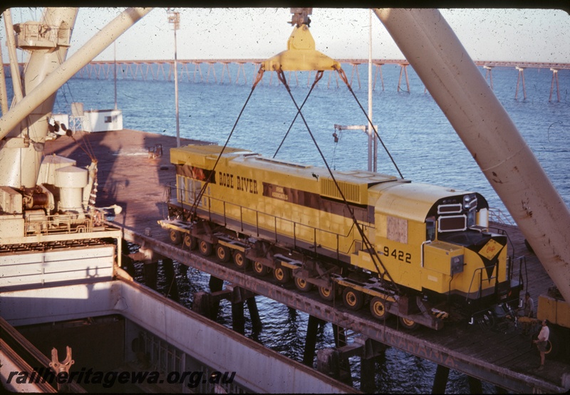 T04846
Cliffs Robe River (CRRIA) M636 class 9422 being unloaded from vessel Cape Lambert.
