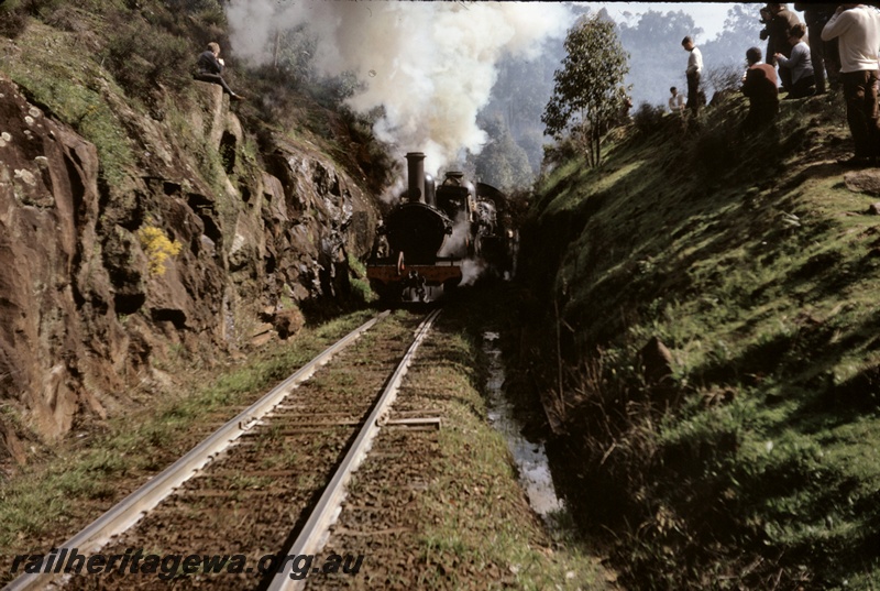 T04875
G class 123 and FS class 461, double heading tour train, stopped in cutting, tour passengers looking on, Slippery Cut, BN line
