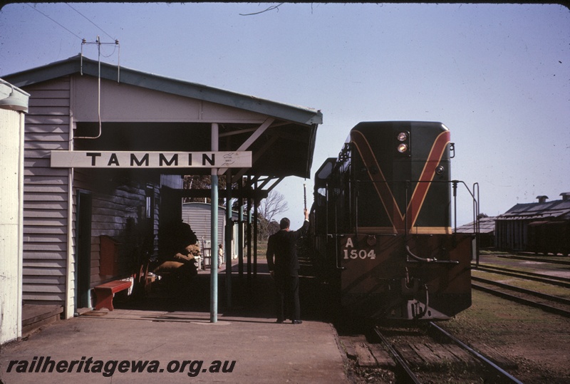 T04925
A class 1504 on No 99 goods train, station building, platform, Reg Newby changing staff, Tammin, EGR line
