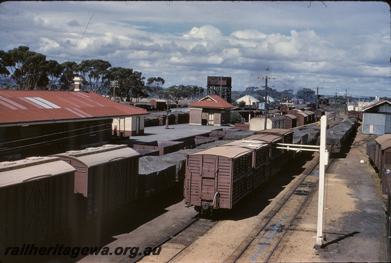 T04945
Station yard, station building, platform, rakes of vans and wagons, water tower, bracket signals, loading gauge, goods shed, Wagin, GSR line, view towards Katanning
