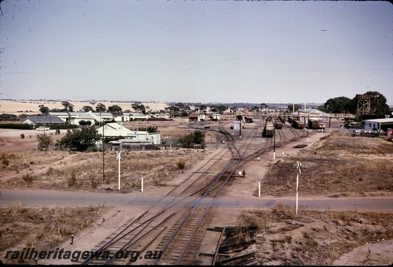 T05002
Station yard, rakes of wagons, sidings, points, houses, platforms, road crossing, station buildings, goods shed, water tower, pedestrian footbridge, signal, Wyalkatchem, GM line
