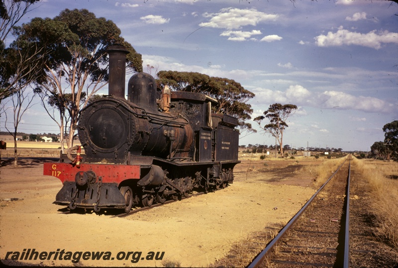 T05011
G class 117, old EGR main line alongside, Lions Park, Merredin, EGR line, front and side view
