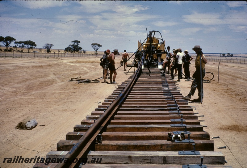 T05020
Track laying, rail, sleepers, track laying machine, workers, near Hines Hill, EGR line
