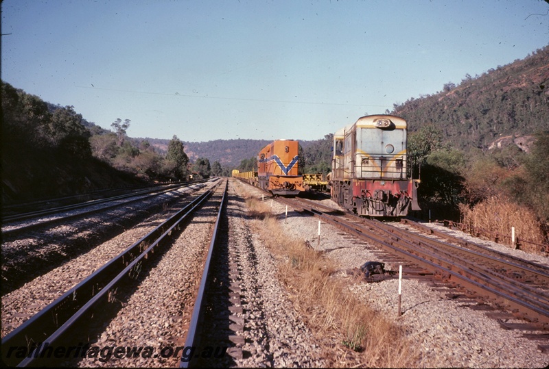 T05030
L class 261 in orange livery with blue and white stripe, on work train, H class 1 in dark blue and light blue with yellow stripe, on points, worker, Jumperkine, Avon Valley line
