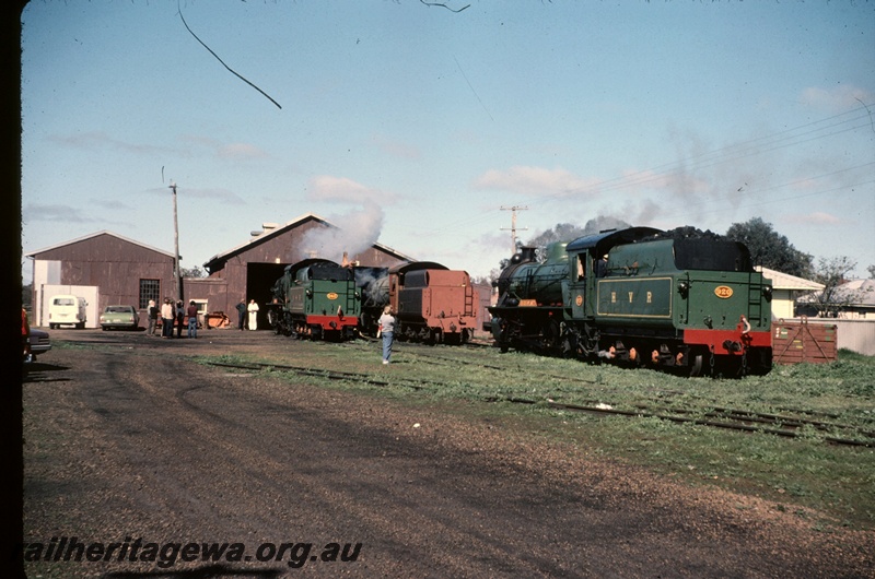 T05111
HVR W class 945, W class 920, another steam loco, loco shed, onlookers, HVR loco depot, Pinjarra, SWR line, side and end views
